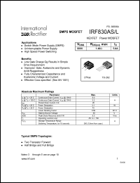 IRF830AS datasheet: HEXFET power MOSFET. VDS = 500V, RDS(on) = 1.40 Ohm , ID = 5.0A IRF830AS