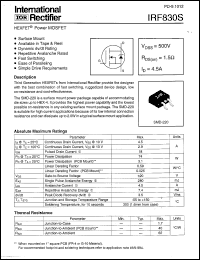 IRF830S datasheet: HEXFET power MOSFET. VDS = 500V, RDS(on) = 1.5 Ohm , ID = 4.5A IRF830S