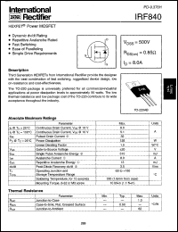 IRF840 datasheet: HEXFET power MOSFET. VDS = 500V, RDS(on) = 0.85 Ohm , ID = 8.0A IRF840
