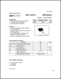 IRF840A datasheet: HEXFET power MOSFET. VDS = 500V, RDS(on) = 0.85 Ohm , ID = 8.0A IRF840A