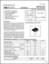 IRF9410 datasheet: HEXFET power MOSFET. VDSS = 30V, RDS(on) = 0.030 Ohm. IRF9410