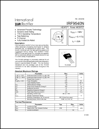 IRF9540N datasheet: HEXFET power MOSFET. VDSS = -100V, RDS(on) = 0.117 Ohm, ID = -23A IRF9540N