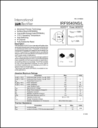 IRF9540NL datasheet: HEXFET power MOSFET. VDSS = -100V, RDS(on) = 0.117 Ohm, ID = -23A IRF9540NL