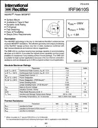 IRF9610S datasheet: HEXFET power MOSFET. VDSS = -200V, RDS(on) = 3.0 Ohm, ID = -1.8A IRF9610S