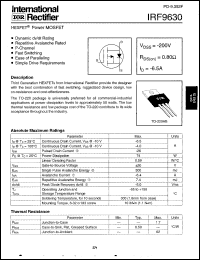 IRF9630 datasheet: HEXFET power MOSFET. VDSS = -200V, RDS(on) = 0.80 Ohm, ID = -6.5A IRF9630