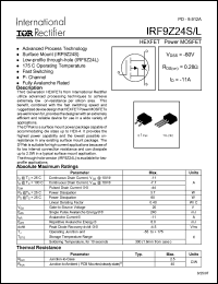 IRF9Z24L datasheet: HEXFET power MOSFET. VDSS = -60V, RDS(on) = 0.28 Ohm, ID = -11A IRF9Z24L