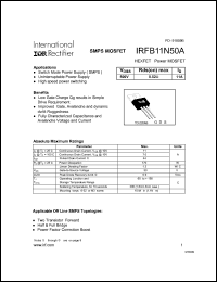 IRFB11N50A datasheet: HEXFET power MOSFET. VDSS = 500V, RDS(on) = 0.52 Ohm, ID = 11A IRFB11N50A