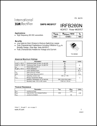 IRFB260N datasheet: HEXFET power MOSFET. VDSS = 200V, RDS(on) = 0.040 Ohm, ID = 56A IRFB260N