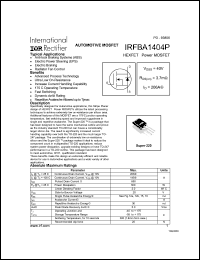 IRFBA1404P datasheet: HEXFET power MOSFET. VDSS = 40V, RDS(on) = 3.7mOhm, ID = 206A IRFBA1404P