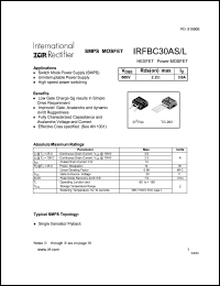 IRFBC30AS datasheet: HEXFET power MOSFET. VDSS = 600V, RDS(on) = 2.2 Ohm, ID = 3.6A IRFBC30AS