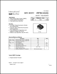 IRFBC40AS datasheet: HEXFET power MOSFET. VDSS = 600V, RDS(on) = 1.2 Ohm, ID = 6.2A IRFBC40AS
