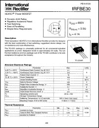 IRFBE30 datasheet: HEXFET power MOSFET. VDSS = 800V, RDS(on) = 3.0 Ohm, ID = 4.1A IRFBE30