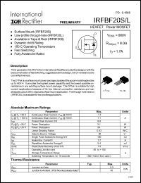 IRFBF20S datasheet: HEXFET power MOSFET. VDSS = 900V, RDS(on) = 8.0 Ohm, ID = 1.7A IRFBF20S