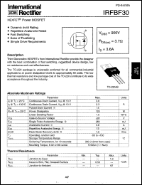IRFBF30 datasheet: HEXFET power MOSFET. VDSS = 900V, RDS(on) = 3.7 Ohm, ID = 3.6A IRFBF30