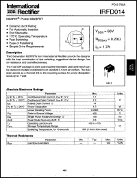 IRFD014 datasheet: HEXFET power MOSFET. VDSS = 60V, RDS(on) = 0.20 Ohm, ID = 1.7A IRFD014