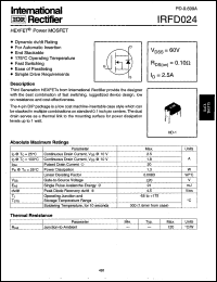 IRFD024 datasheet: HEXFET power MOSFET. VDSS = 60V, RDS(on) = 0.10 Ohm, ID = 2.5A IRFD024