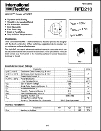 IRFD210 datasheet: HEXFET power MOSFET. VDSS = 200V, RDS(on) = 1.5 Ohm, ID = 0.60 A IRFD210