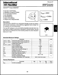 IRFD220 datasheet: HEXFET power MOSFET. VDSS = 200V, RDS(on) = 0.80 Ohm, ID = 0.80 A IRFD220