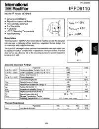 IRFD9110 datasheet: HEXFET power MOSFET. VDSS = -100V, RDS(on) = 1.2 Ohm, ID = -0.70 A IRFD9110