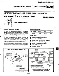 IRFI360 datasheet: HEXFET transistor (N-channel). BVDSS = 400V, RDS(on) = 0.20 Ohm, ID = 25 A IRFI360