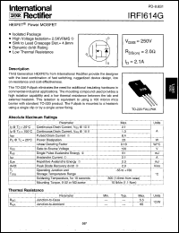 IRFI614G datasheet: HEXFET power MOSFET. VDSS = 250V, RDS(on) = 2.0 Ohm, ID = 2.1 A IRFI614G