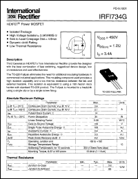 IRFI734G datasheet: HEXFET power MOSFET. VDSS = 450V, RDS(on) = 1.2 Ohm, ID = 3.4 A IRFI734G