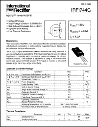 IRFI744G datasheet: HEXFET power MOSFET. VDSS = 450V, RDS(on) = 0.63 Ohm, ID = 4.9 A IRFI744G