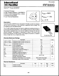 IRFI830G datasheet: HEXFET power MOSFET. VDSS = 500V, RDS(on) = 1.5 Ohm, ID = 3.1 A IRFI830G