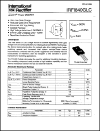 IRFI840GLC datasheet: HEXFET power MOSFET. VDSS = 500V, RDS(on) = 0.85 Ohm, ID = 4.5 A IRFI840GLC