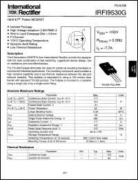 IRFI9530G datasheet: HEXFET power MOSFET. VDSS = -100V, RDS(on) = 0.30 Ohm, ID = -7.7 A IRFI9530G