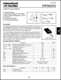IRFI9620G datasheet: HEXFET power MOSFET. VDSS = -200V, RDS(on) = 1.5 Ohm, ID = -3.0 A IRFI9620G