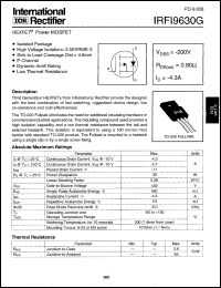 IRFI9630G datasheet: HEXFET power MOSFET. VDSS = -200V, RDS(on) = 0.80 Ohm, ID = -4.3 A IRFI9630G