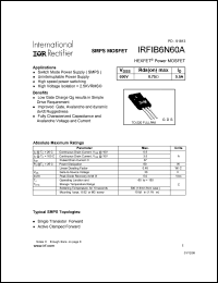 IRFIB6N60A datasheet: HEXFET power MOSFET. VDSS = 600V, RDS(on) = 0.75 Ohm, ID = 5.5 A IRFIB6N60A