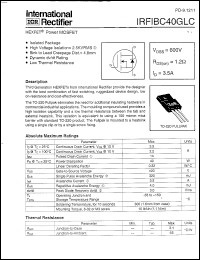 IRFIBC40GLC datasheet: HEXFET power MOSFET. VDSS = 600V, RDS(on) = 1.2 Ohm, ID = 3.5 A IRFIBC40GLC