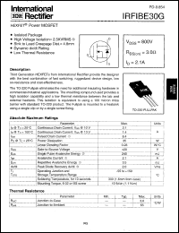IRFIBE30G datasheet: HEXFET power MOSFET. VDSS = 800V, RDS(on) = 3.0 Ohm, ID = 2.1A IRFIBE30G