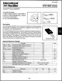 IRFIBF20G datasheet: HEXFET power MOSFET. VDSS = 900V, RDS(on) = 8.0 Ohm, ID = 1.2A IRFIBF20G