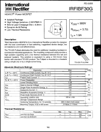 IRFIBF30G datasheet: HEXFET power MOSFET. VDSS = 900V, RDS(on) = 3.7 Ohm, ID = 1.9A IRFIBF30G