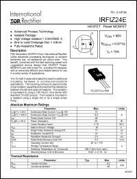 IRFIZ24E datasheet: HEXFET power MOSFET. VDSS = 60V, RDS(on) = 0.071 Ohm, ID = 14A IRFIZ24E