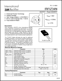 IRFIZ34N datasheet: HEXFET power MOSFET. VDSS = 55V, RDS(on) = 0.04 Ohm, ID = 21A IRFIZ34N