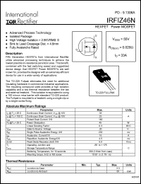 IRFIZ46N datasheet: HEXFET power MOSFET. VDSS = 55V, RDS(on) = 0.020 Ohm, ID = 33A IRFIZ46N