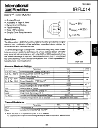 IRFL014 datasheet: HEXFET power MOSFET. VDSS = 60V, RDS(on) = 0.20 Ohm, ID = 2.7A IRFL014
