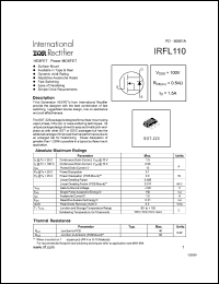 IRFL110 datasheet: HEXFET power MOSFET. VDSS = 100V, RDS(on) = 0.54 Ohm, ID = 1.5A IRFL110