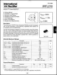 IRFL210 datasheet: HEXFET power MOSFET. VDSS = 200V, RDS(on) = 1.5 Ohm, ID = 0.96A IRFL210