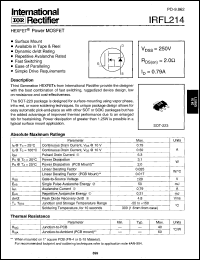IRFL214 datasheet: HEXFET power MOSFET. VDSS = 250V, RDS(on) = 2.0 Ohm, ID = 0.79A IRFL214