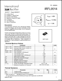 IRFL9014 datasheet: HEXFET power MOSFET. VDSS = -60V, RDS(on) = 0.50 Ohm, ID = -1.8A IRFL9014