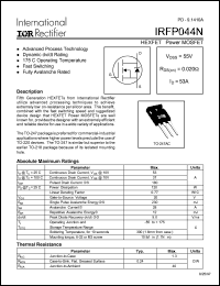 IRFP044N datasheet: HEXFET power MOSFET. VDSS = 55V, RDS(on) = 0.020 Ohm, ID = 53A IRFP044N
