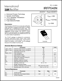 IRFP048N datasheet: HEXFET power MOSFET. VDSS = 55V, RDS(on) = 0.016 Ohm, ID = 64A IRFP048N
