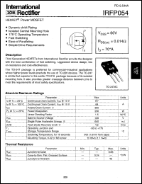 IRFP054 datasheet: HEXFET power MOSFET. VDSS = 60V, RDS(on) = 0.014 Ohm, ID = 70A IRFP054