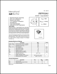 IRFP054V datasheet: HEXFET power MOSFET. VDSS = 60V, RDS(on) = 9.0mOhm, ID = 93A IRFP054V