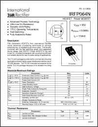 IRFP064N datasheet: HEXFET power MOSFET. VDSS = 55V, RDS(on) = 0.008 Ohm, ID = 110A IRFP064N